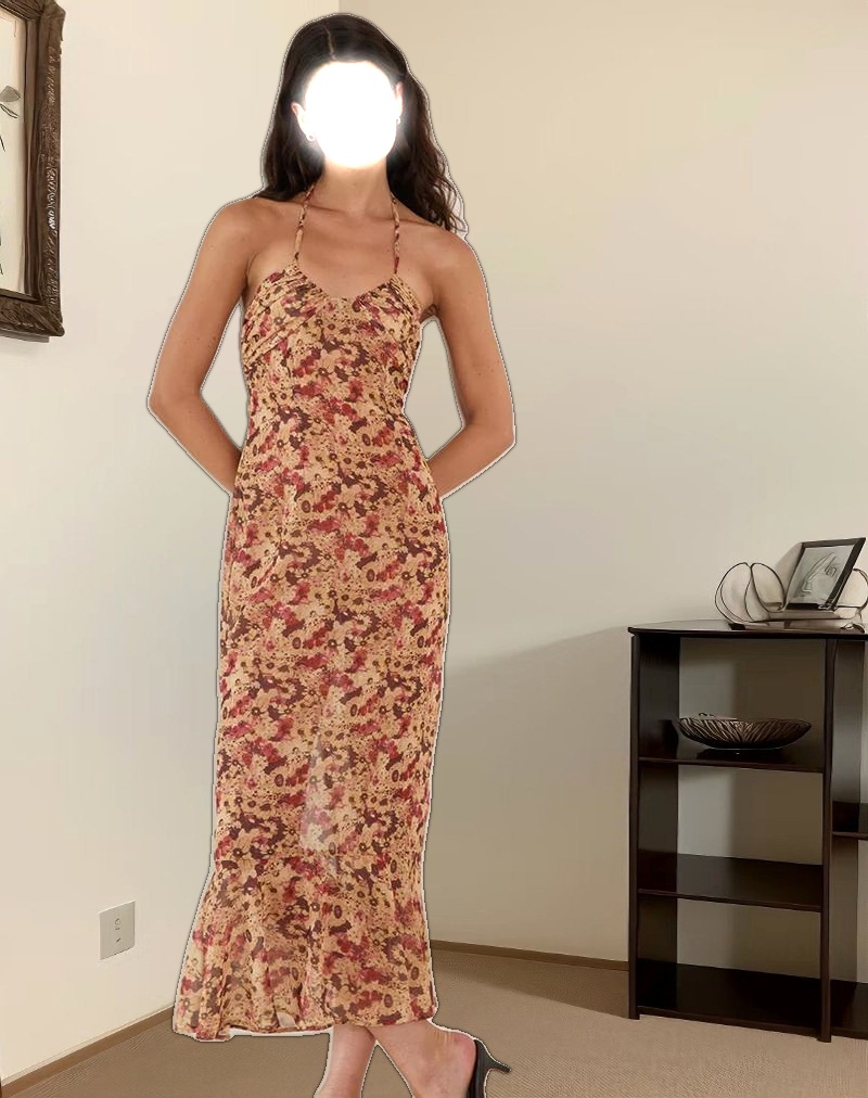 Alette Halterneck Maxi Dress in Chiffon Rusty Flower