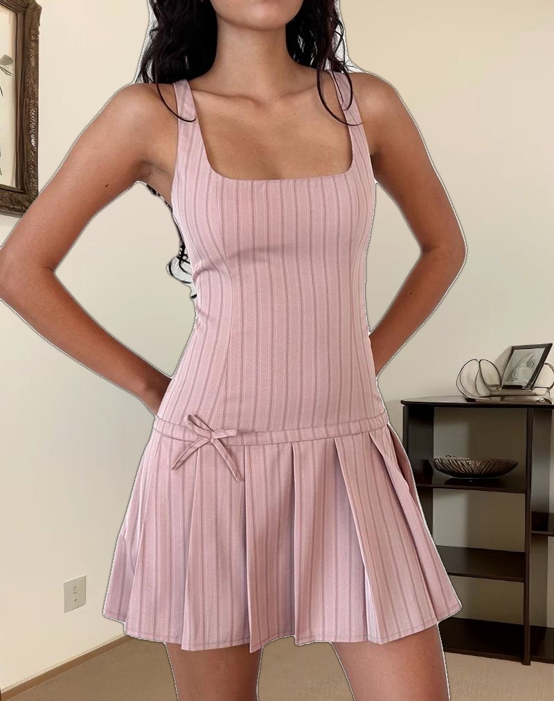 Jadzia Drop Waist Mini Dress in Blush Pinstripe