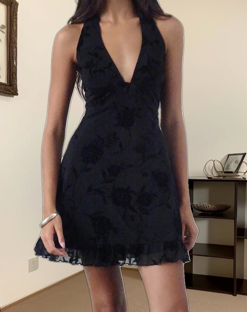 Motya Halterneck Mini Dress in Floral Rose Flocked Black