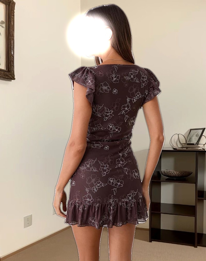 Motarika Mini Dress in Doodle Flower Flock Brown