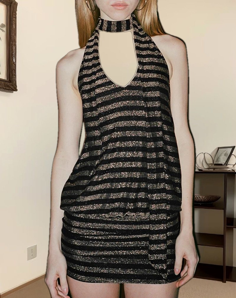 Daphnis Backless Halterneck Mini Dress in Lurex Gold Stripe