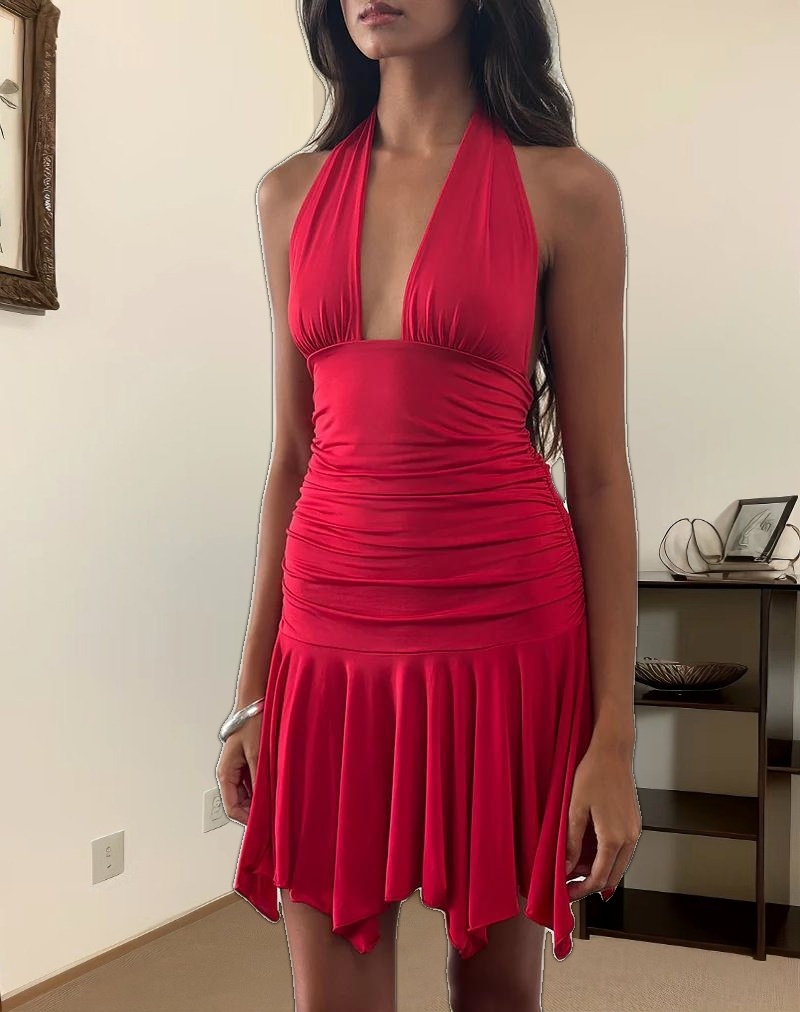 Winslet Plunge Mini Dress in Slinky Red