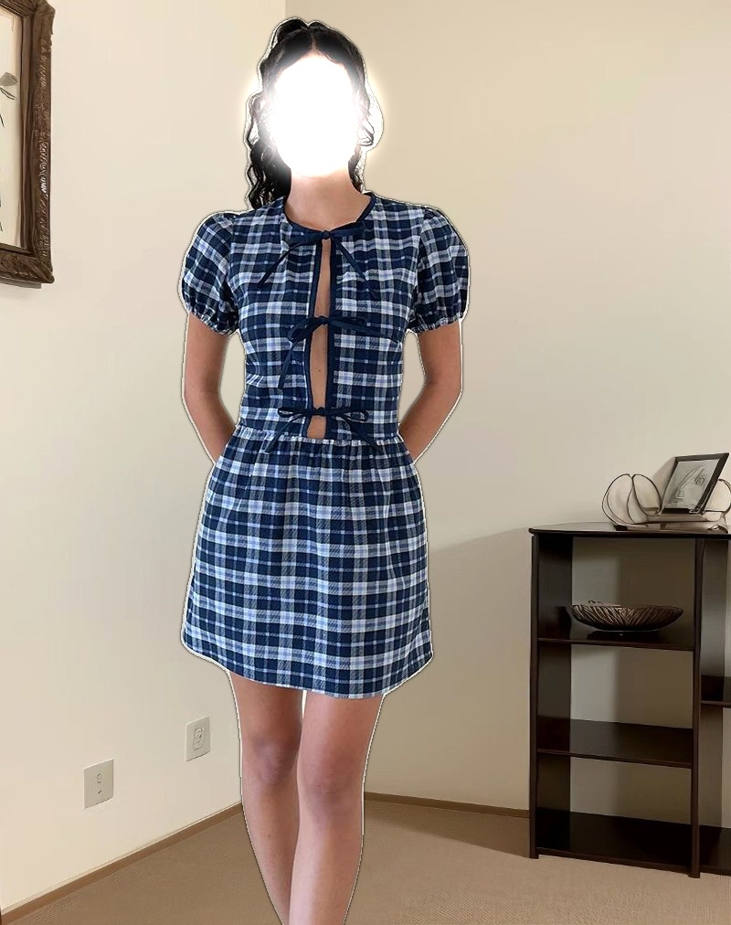 Byan Tie Front Dress in Tartan Dark Blue