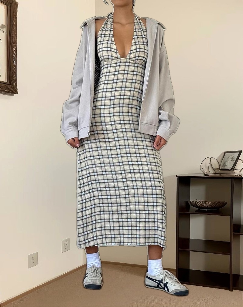 Lenata Halterneck Midi Dress in Pastel Blue Tartan