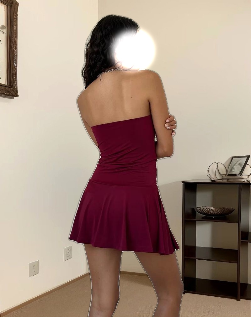 Yasmin Bandeau Mini Slinky Dress in Burgundy
