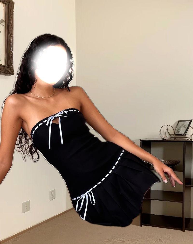 Petula Mini Dress in Black with Blue Contrast Ribbon