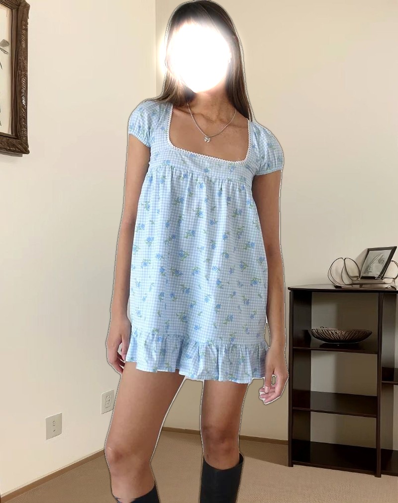 Trim Mini Dress in Blue Flower Gingham
