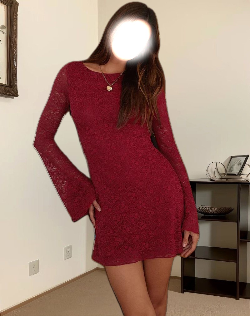 Sevila Long Sleeve Mini Dress in Deep Red Lace