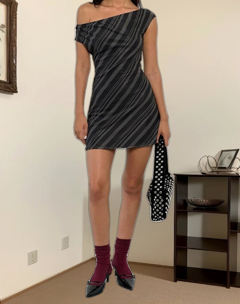Hari Mini Dress in Irregular Stripe Grey Black