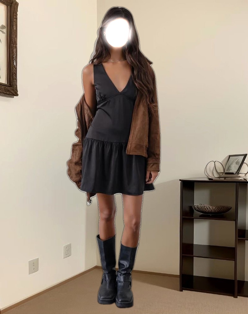 Distia Plunge Puff Mini Dress in Black