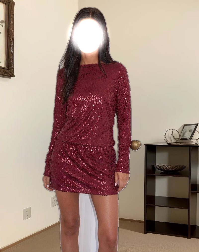 Jasilia Long Sleeve Mini Dress in Gauzy Sequin Red