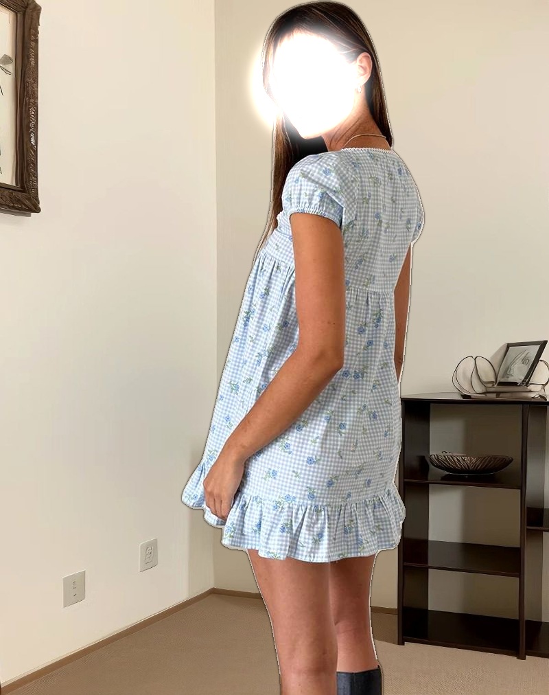 Trim Mini Dress in Blue Flower Gingham