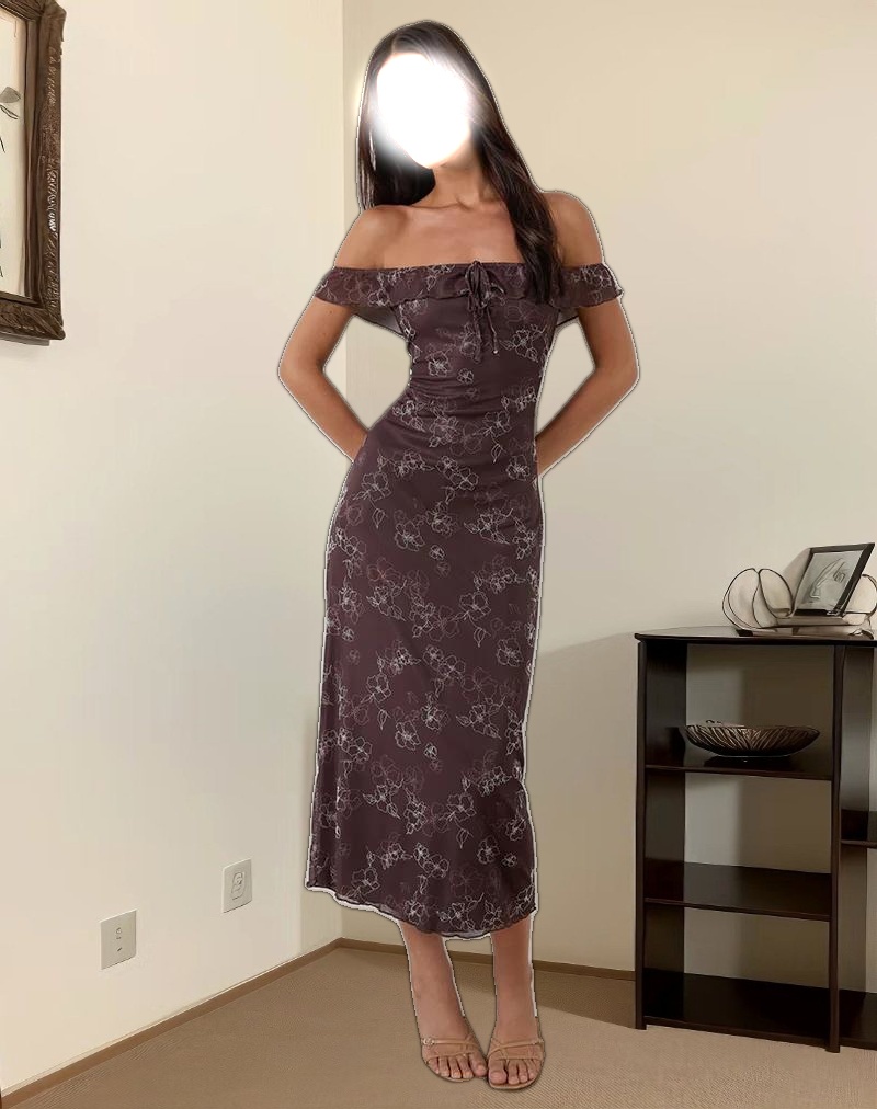 Catrin Midi Dress in Doodle Flower Flock Brown