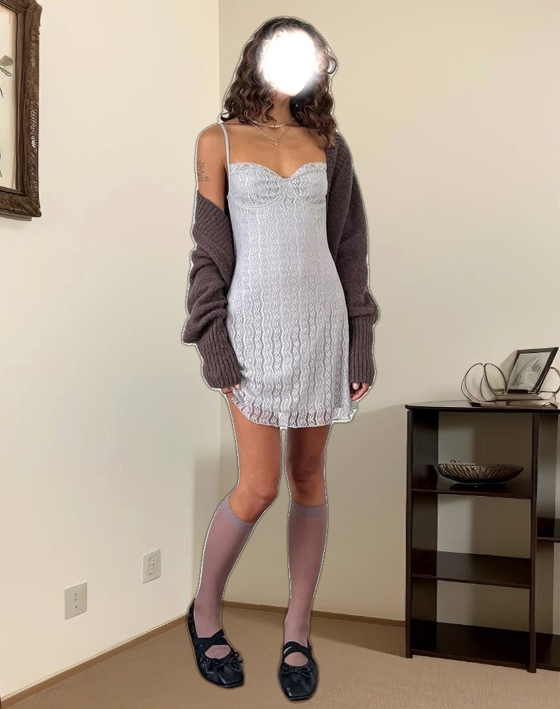 Shania Mini Dress in Silver Grey Lace Mesh