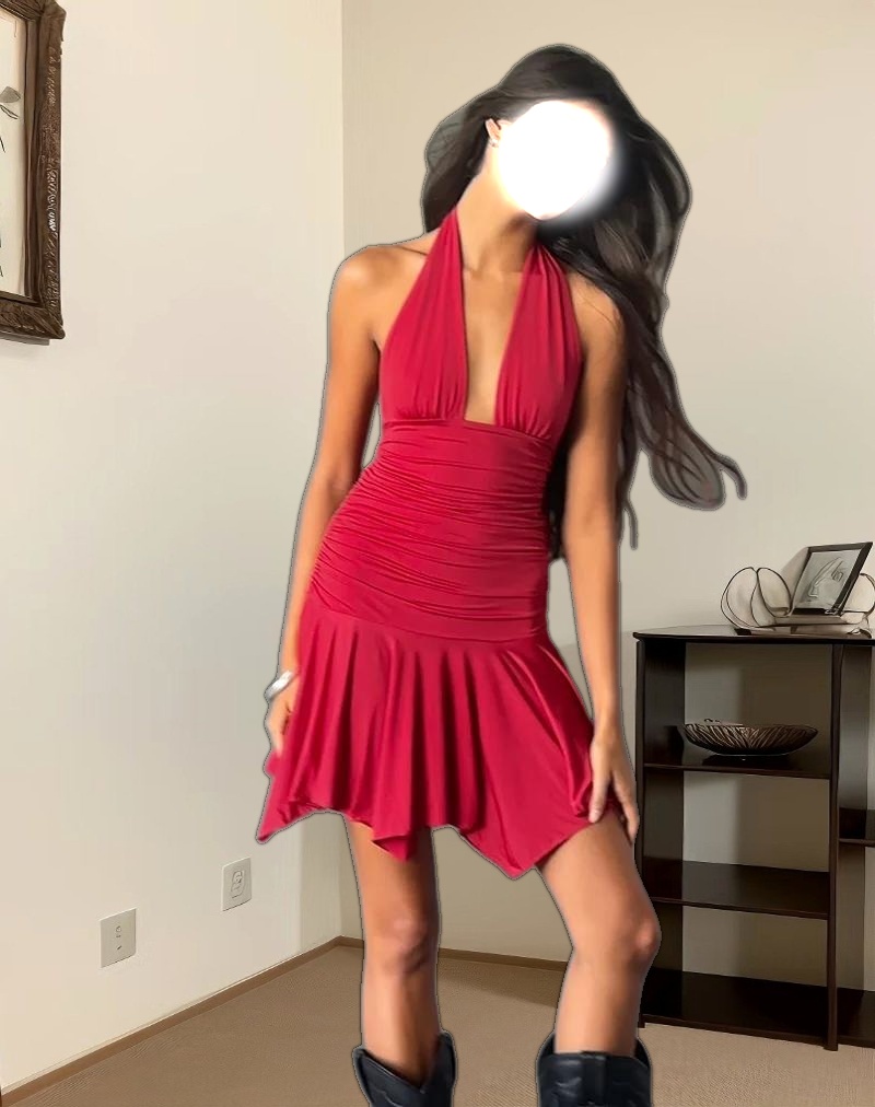 Winslet Plunge Mini Dress in Slinky Red