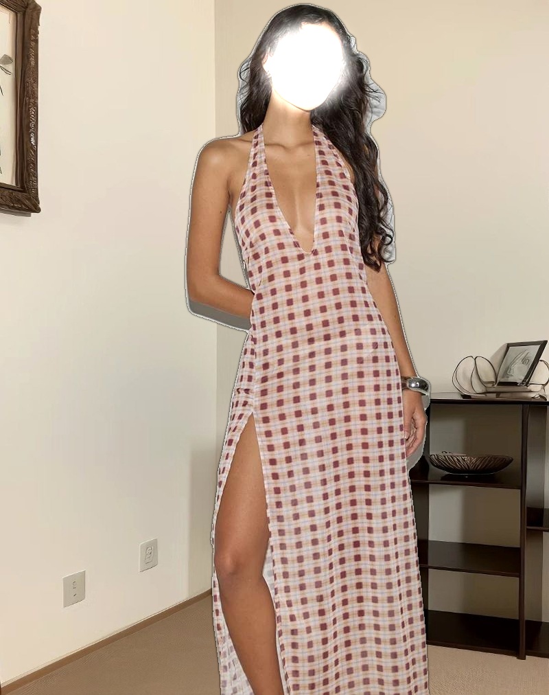 Driti Maxi Dress in Chiffon Blurred Check Peach