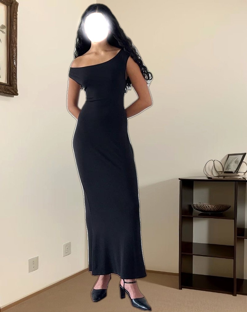 Ardita Asymmetrical Rib Knit Maxi Dress in Black