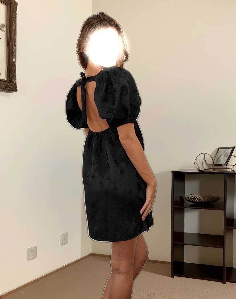 Bimbi Babydoll Mini Dress in Satin Jacquard Black