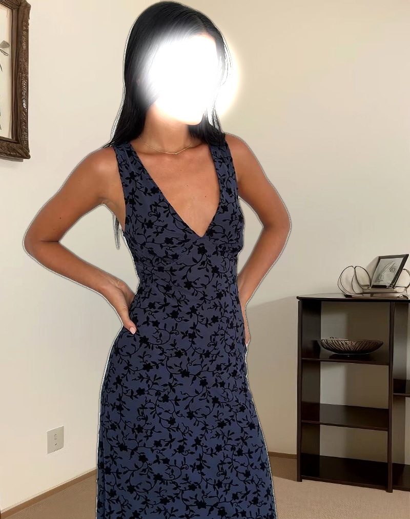 Gabriela Midi Dress in Flocked Petal Navy