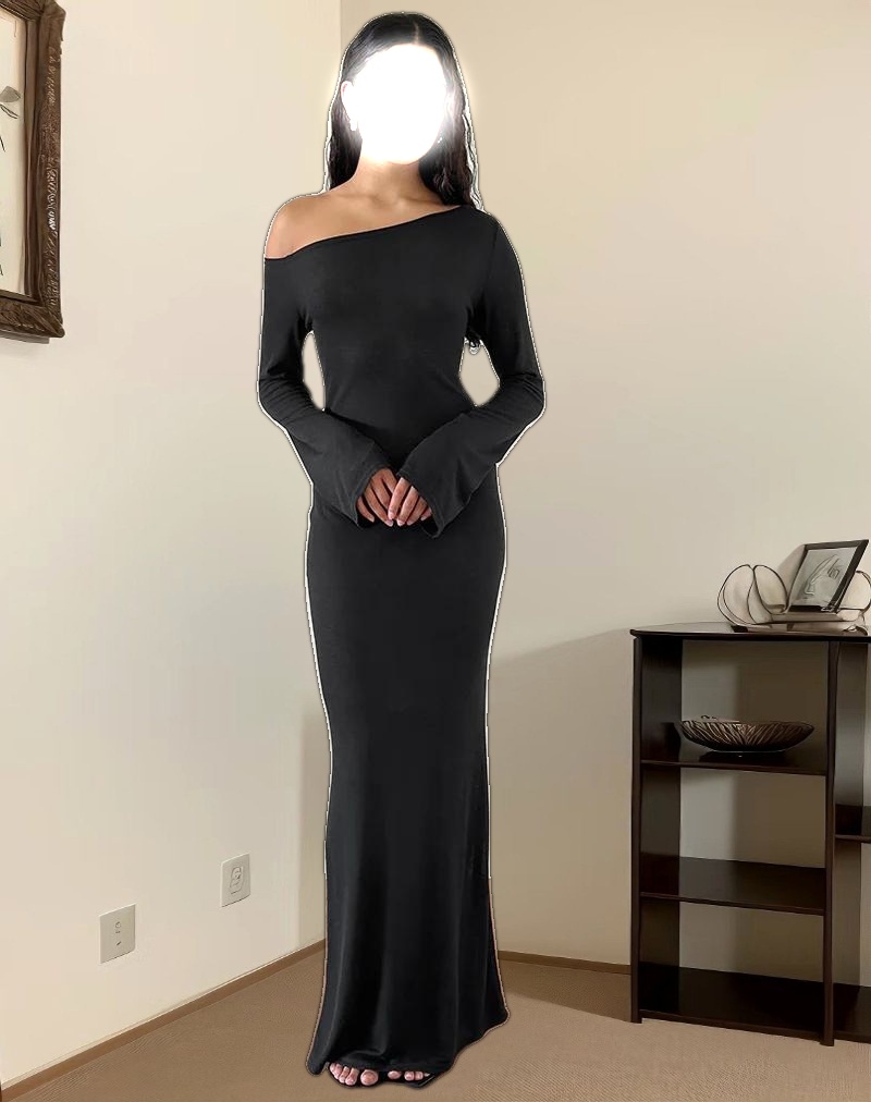 Aldiana Long Sleeve Asymmetric Maxi Dress in Sheer Knit Black