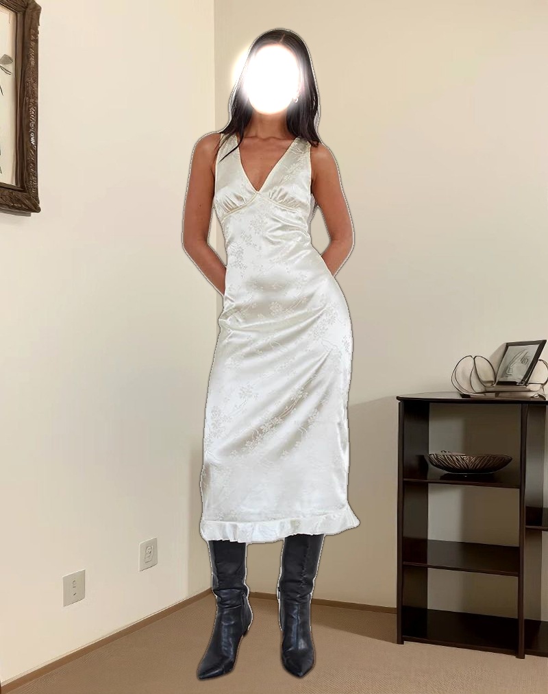 Gastari Midi Dress in Satin Jacquard White