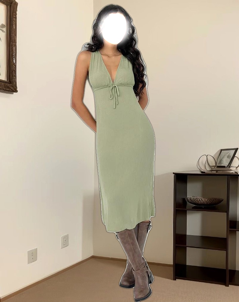 Havisla Tie Front Midi Dress in Sage Green