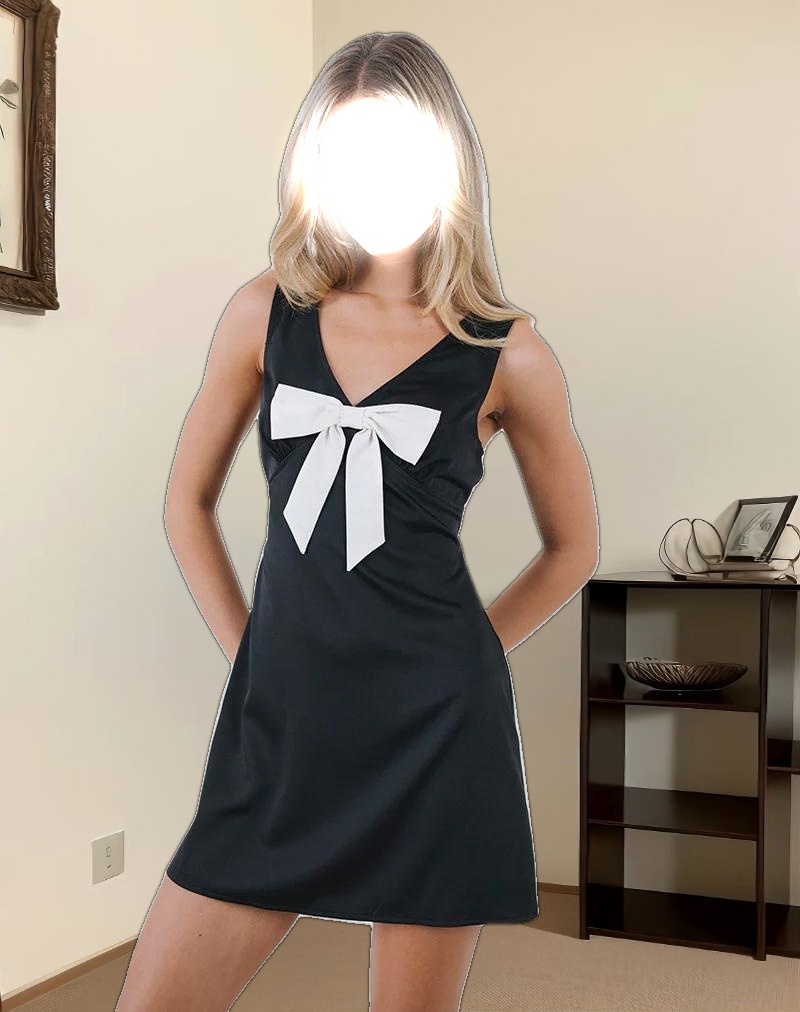 Faradiba Mini Dress in Satin Black with Ivory Bow