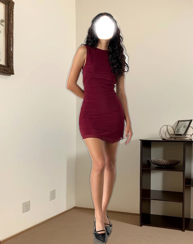 Renata Asymmetrical Mini Dress in Burgundy Mesh