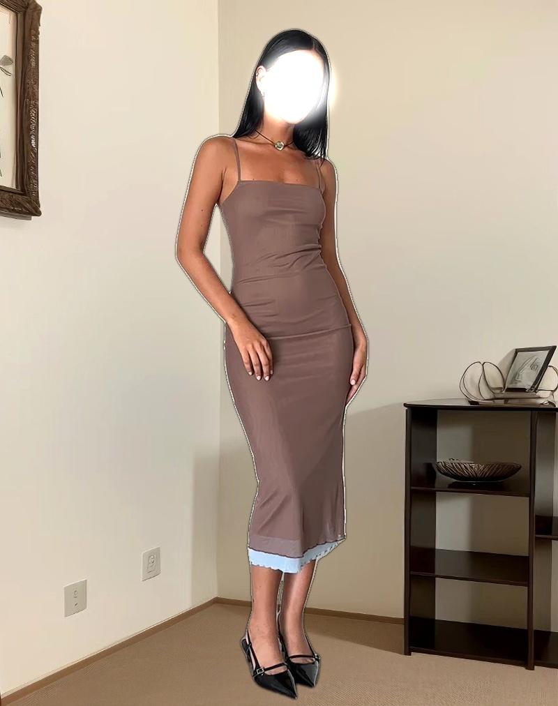 Bisilk Midi Dress in Mesh Brown with Light Blue