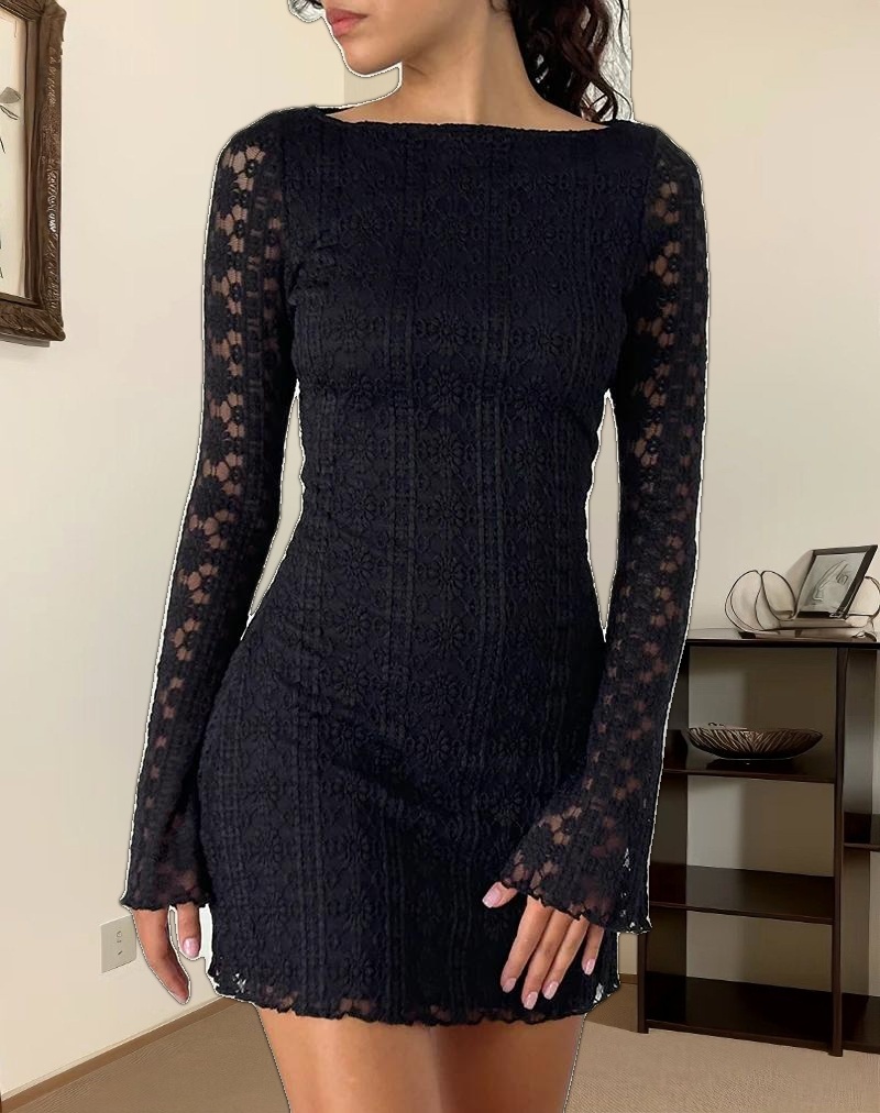 Sevila Long Sleeve Mini Dress in Regal Lace Black