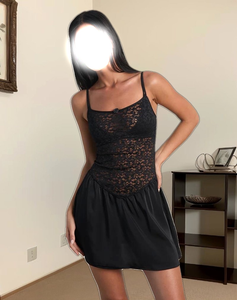 Alunan Slip Dress in Satin Lace Black