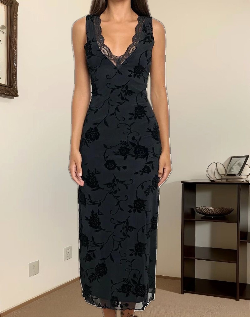 Saga Midi Dress in Rose Flock Black