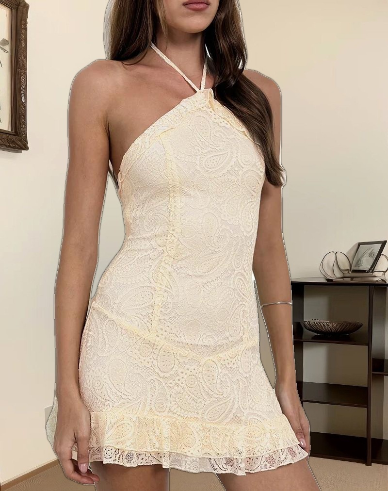 Nairi Halterneck Mini Dress in Lace Cream