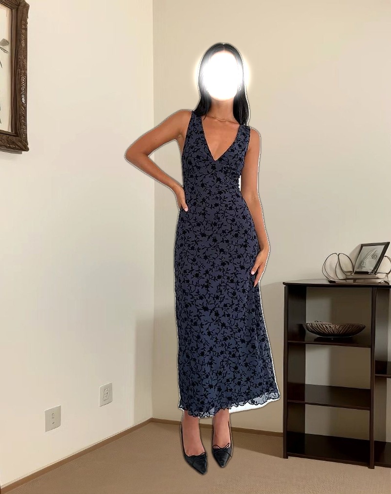 Gabriela Midi Dress in Flocked Petal Navy