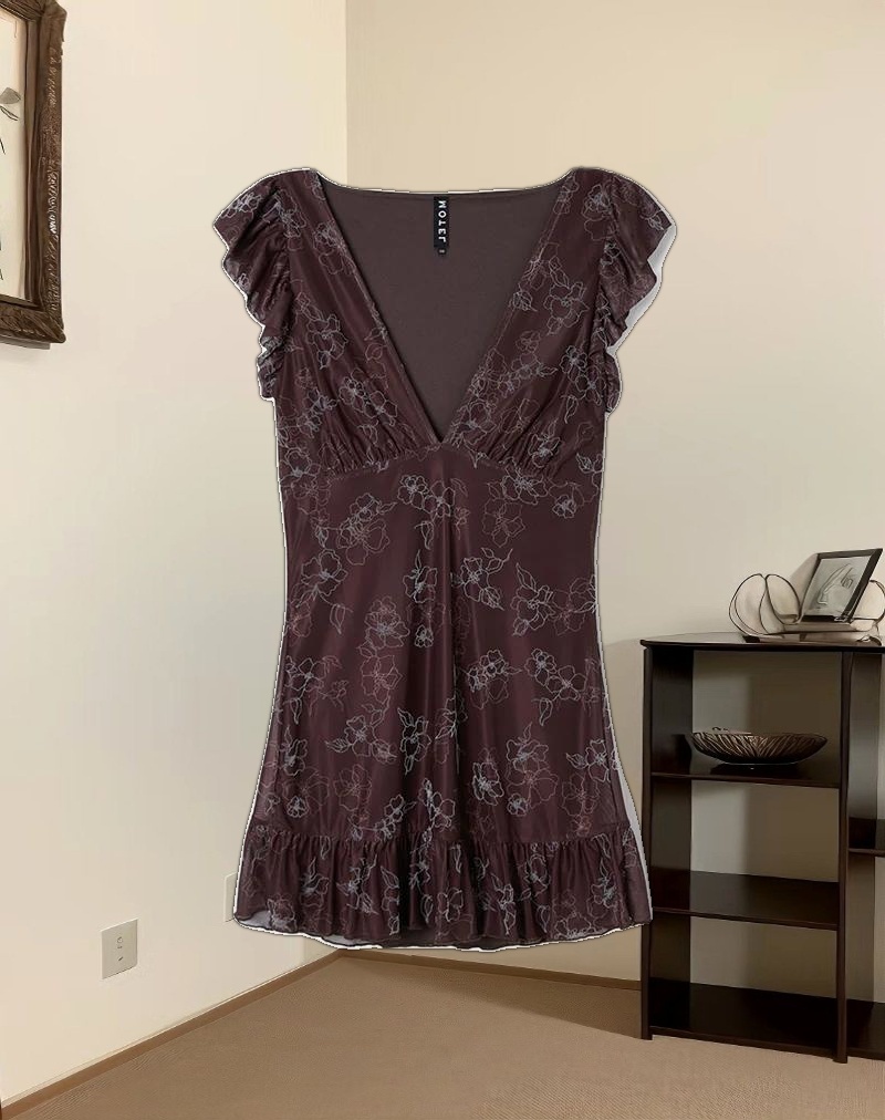 Motarika Mini Dress in Doodle Flower Flock Brown