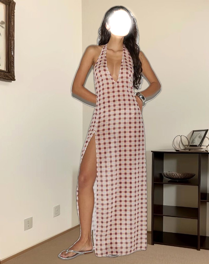 Driti Maxi Dress in Chiffon Blurred Check Peach