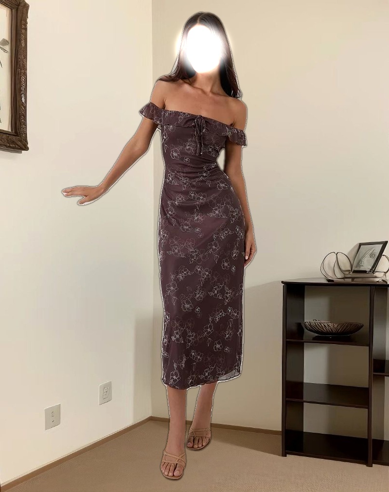 Catrin Midi Dress in Doodle Flower Flock Brown