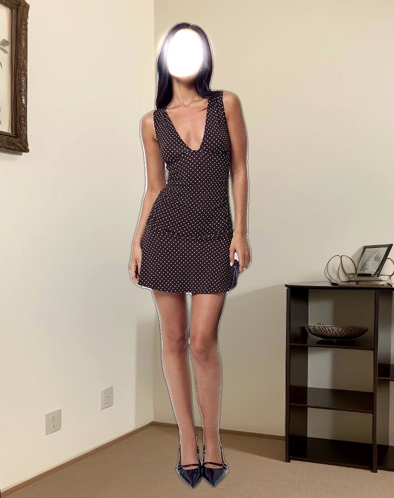 Luscian Plunge Mini Dress in Micro Polka Brown