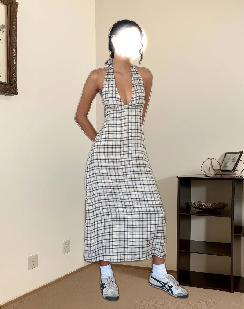 Lenata Halterneck Midi Dress in Pastel Blue Tartan