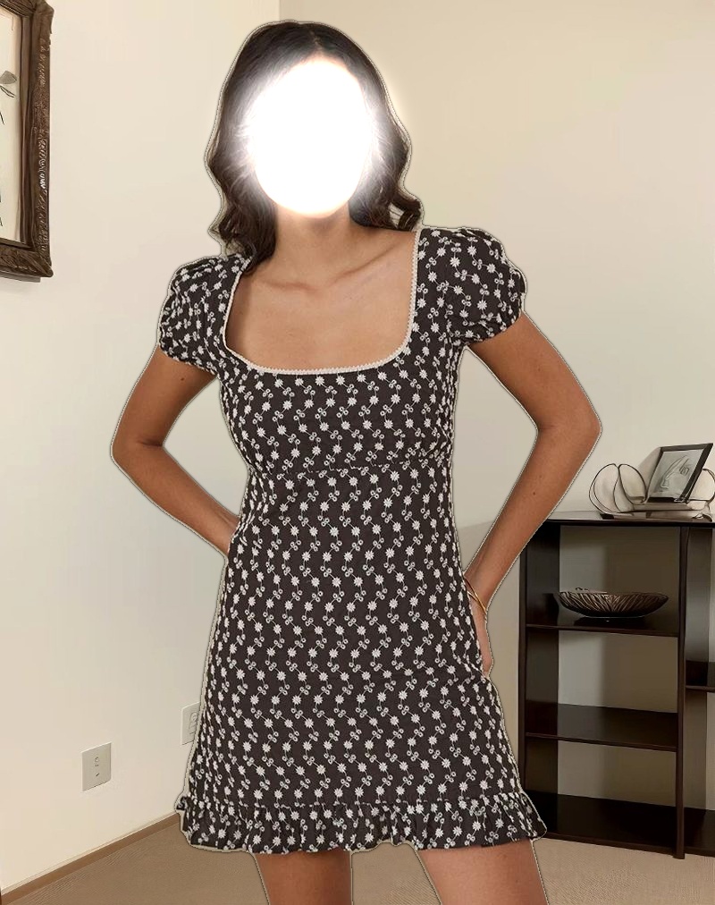 Bella Mini Tea Dress in Floral Broderie Brown