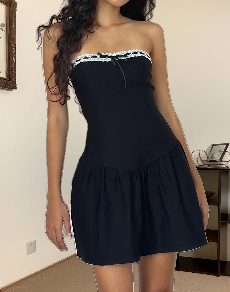 Manisha Mini Dress in Black with White Trim