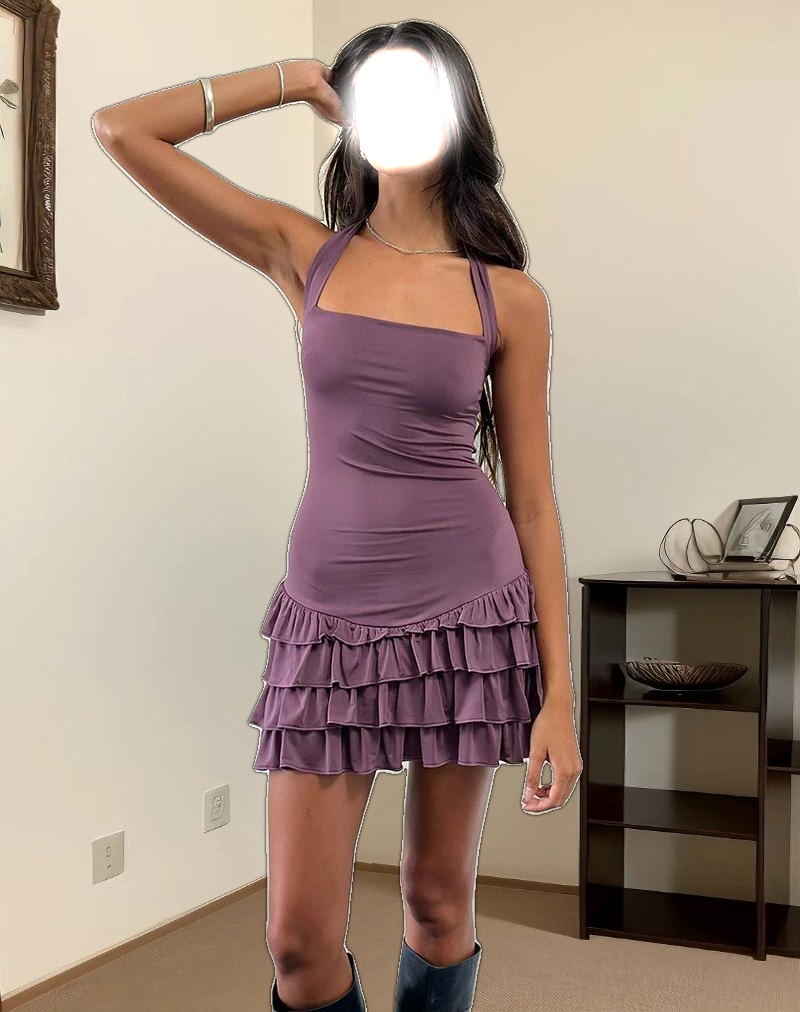 Laine Halterneck Mini Dress in Slinky Mulberry