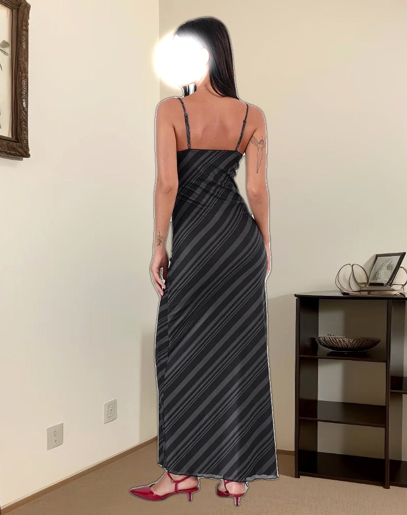 Darsih Maxi Dress in Irregular Stripe Grey Black