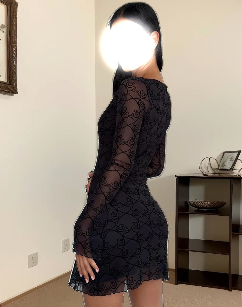 Sevila Long Sleeve Mini Dress in Black Queen of Heart Flock