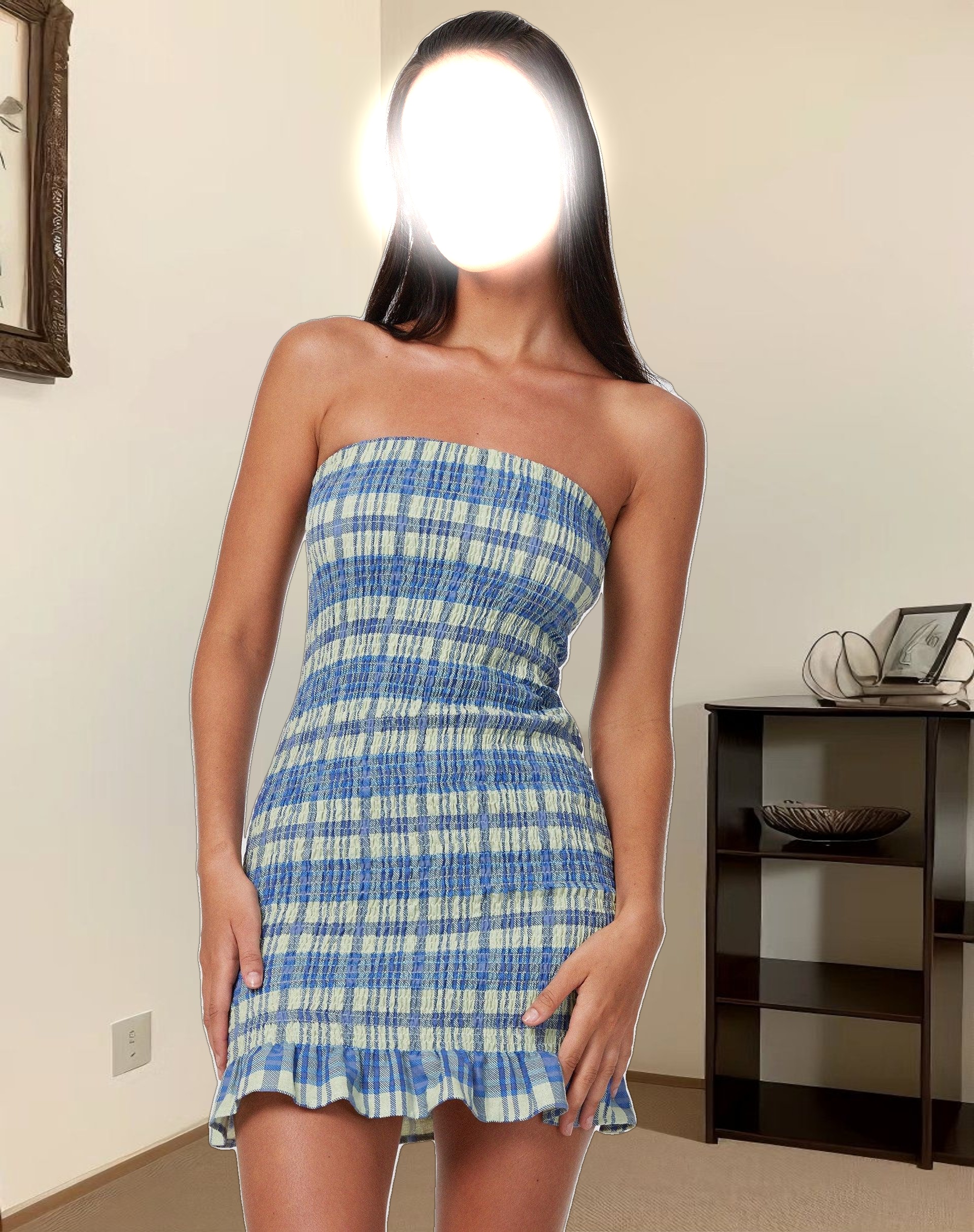 Takiyo Mini Dress in Colourpop Check Green and Blue