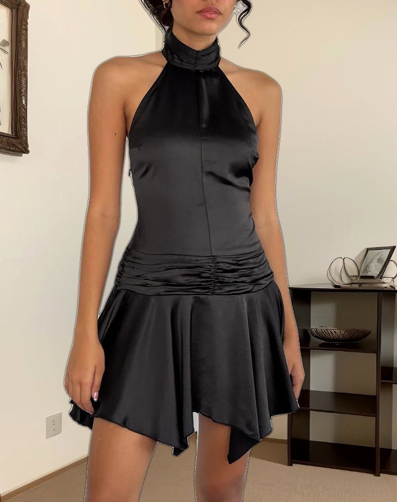 Hydri Satin Halterneck Mini Dress in Black