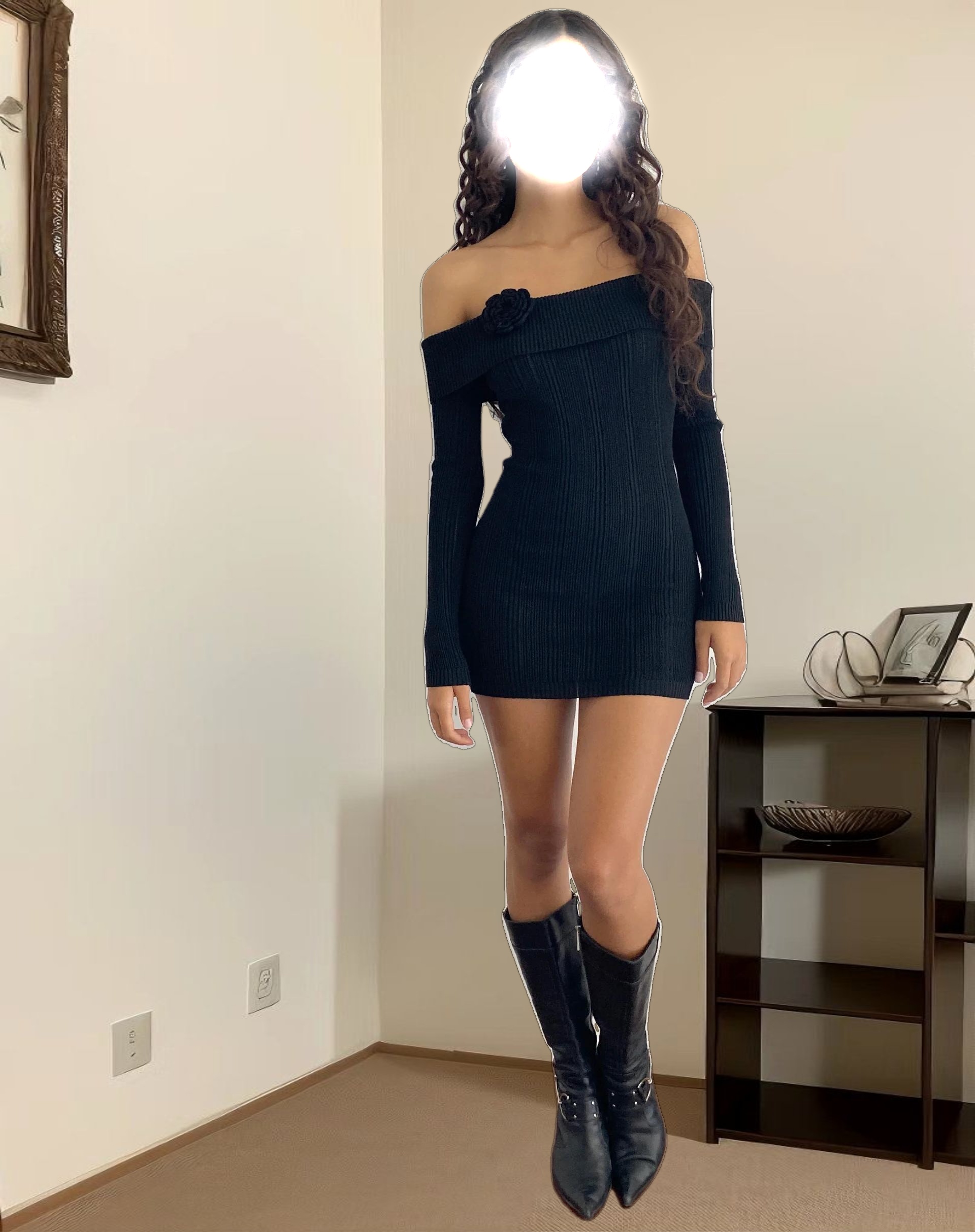 Mirabel Knitted Bardot Mini Dress in Black with Rosette