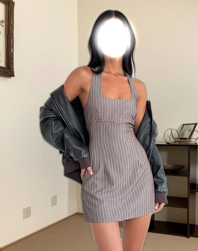 Vellura Halterneck Mini Dress in Taupe Pinstripe