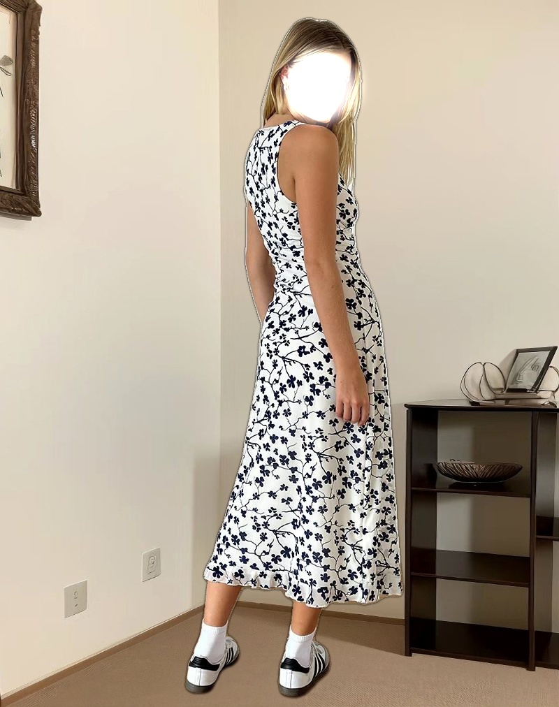 Gabriela Midi Dress in Grunge Floral Flock Cream