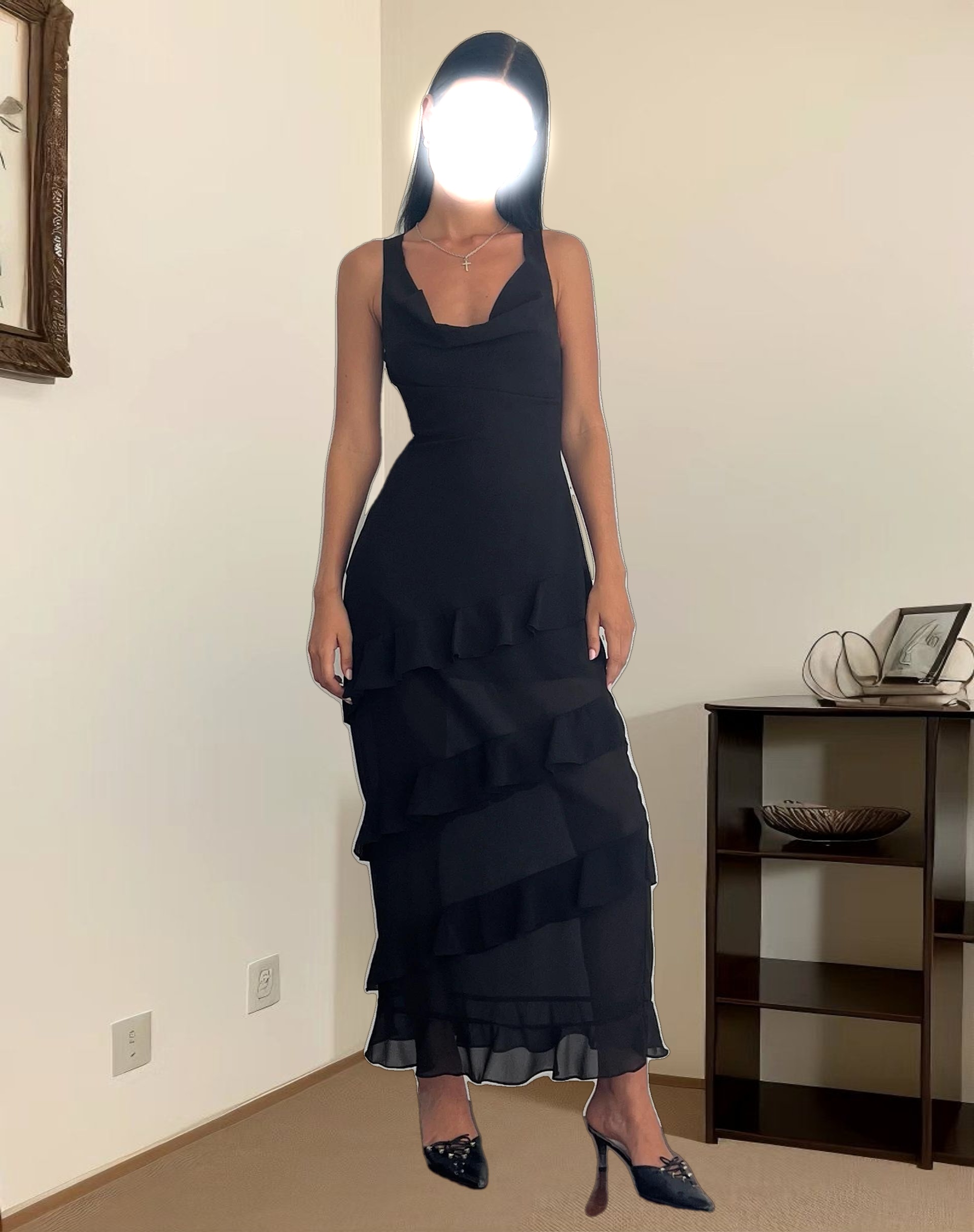 Otna Ruffle Detail Chiffon Maxi Dress in Black